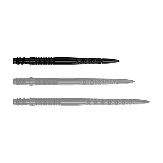 Mission R2.5 Rapid Point DSX Dartspitzen - Schwarz Das Bild zeigt eine Reihe von schwarzen Dartspitzen mit der Bezeichnung 30mm. Die Spitze ist für den Einsatz in Darts geeignet.