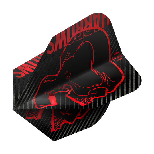 Voli Harrows Rage Red No6 Das Bild zeigt das Produkt "Harrows Rage Red No6 Flights". Die Flights sind schwarz mit roten Grafiken und Streifen verziert.