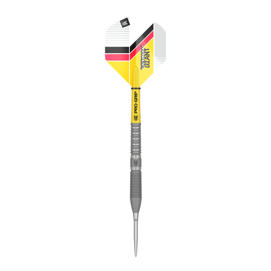 Target Gabriel Clemens GEN2 Swiss Point Steeldarts Das Bild zeigt einen Target Gabriel Clemens GEN2 Swiss Point Steeldart. Der Dart hat eine silberne Spitze und Schaft sowie gelbe, schwarze und rote Akzente auf dem Flight.