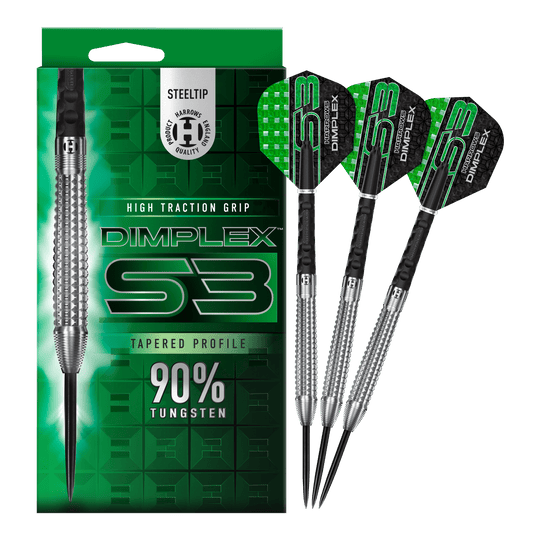 Fléchettes coniques en acier Harrows Dimplex S3 Das Bild zeigt die Harrows Dimplex S3 Tapered Steeldarts mit einer auffälligen grünen Verpackung. Drei Steeldarts aus 90% Wolfram sind neben der Verpackung abgebildet.