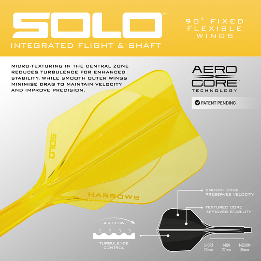 Abgebildet ist das Harrows Solo No6 Flight-Shaft-System in Gelb. Dieses Produkt wird als Teil für Dartpfeile verwendet.