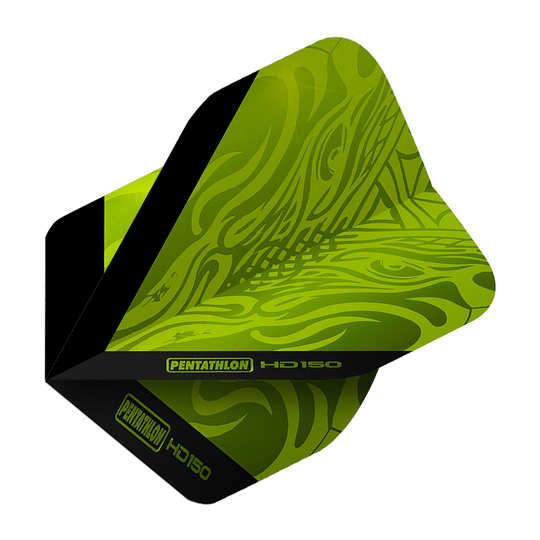 Pentathlon HD150 metalicky zelené standardní letky Das Bild zeigt ein Dartflight in Metallic-Grün mit dem Produktnamen "Pentathlon HD150". Auf dem Flight sind schwarze Akzente und der Schriftzug "Pentathlon HD150" zu sehen.