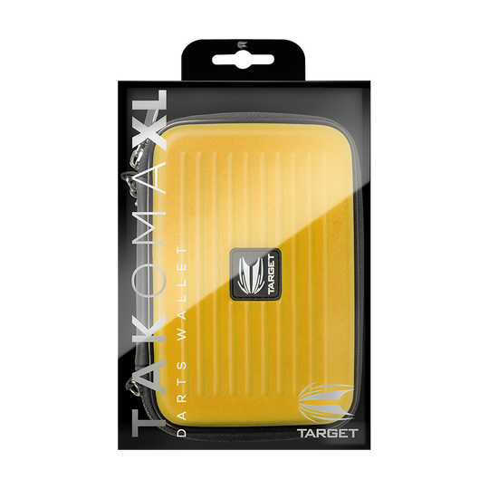 125857_Target_Takoma_XL_Dartwallet_Gelb_3 Das Bild zeigt eine gelbe Darttasche namens "Target Takoma XL Dartwallet" in ihrer Verpackung. Auf der Verpackung sind der Markenname und das Logo von Target zu sehen.