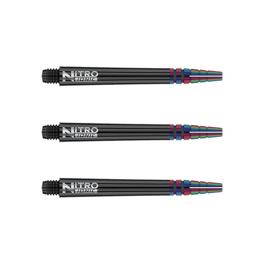 C608_Nitro_Ionic_Medium_Black_Shafts Das Bild zeigt drei schwarze RedDragon Nitrotech Ionic Shafts, die nebeneinander angeordnet sind. Am vorderen Ende der Shafts sind bunte, metallicfarbene Akzente zu sehen.