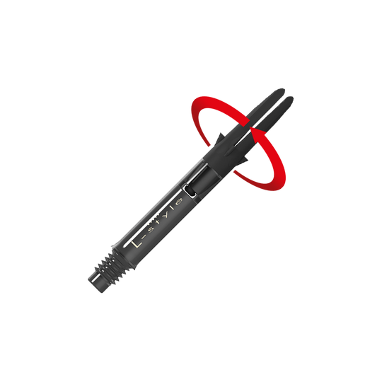 L-Style L-Shaft Carbon Silent Straight - Schwarz 260 Auf dem Bild ist ein schwarzer Dartshaft aus Carbon der Marke L-Style zu sehen. Am oberen Ende ist eine rote Pfeilmarkierung, die eine Drehbewegung anzeigt.