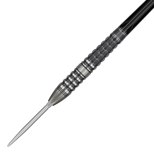 Target Japan Black Marque Lumiere GEN3 Steeldarts Das Bild zeigt den Target Japan Black Marque Lumiere GEN3 Steeldart. Der Dart hat ein silbernes, fein strukturiertes Barrel mit schwarzen Akzenten und einer scharfen Spitze.