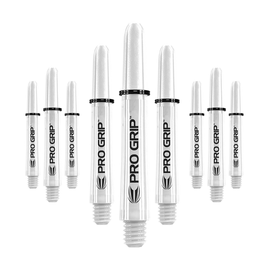Target Pro Grip Shafts - 3 Sets - White Auf dem Bild sind neun weiße Dart-Schäfte mit der Aufschrift "Pro Grip" abgebildet. Sie sind gleichmäßig angeordnet und wirken hochwertig verarbeitet.