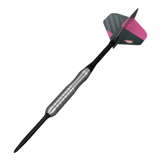 Šipky Bulls NL Volt Pink Convertible Point Steel Darts Zu sehen sind Bulls NL Volt Pink Convertible Point Steeldarts. Das Set wird aus einer anderen Perspektive gezeigt.