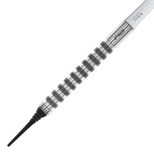 Dardos blandos Red Dragon Javelin Speedline - 20 g Das Bild zeigt einen Red Dragon Javelin Speedline Softdart mit einem Gewicht von 20g. Der Dart hat ein silbernes, geriffeltes Barrel und eine schwarze Softspitze.