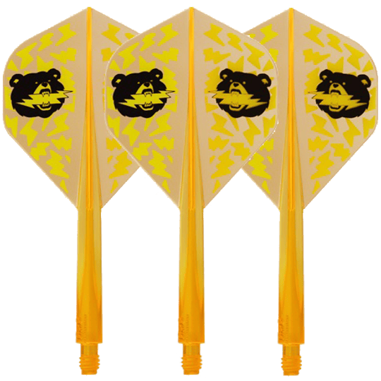 Condor Axe Black Bear Miyu Miyawaki Flight-Shaft Neon Orange - Standard Das Bild zeigt vier neonorange Dartflights mit gelbem Blitzmuster und einem schwarzen Bärenkopf darauf. Die Flights sind in Standard-Form gestaltet und tragen den Namen "Condor Axe Black Bear Miyu Miyawaki".