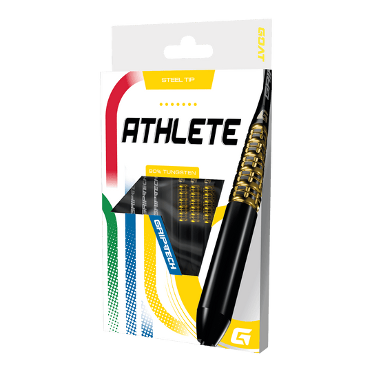 Das Foto zeigt einen gelben Tungsten-Steeldart. Das Produkt wird als 'GD7000770 GOAT Athlete Yellow Tungsten Steeldarts 3' bezeichnet.