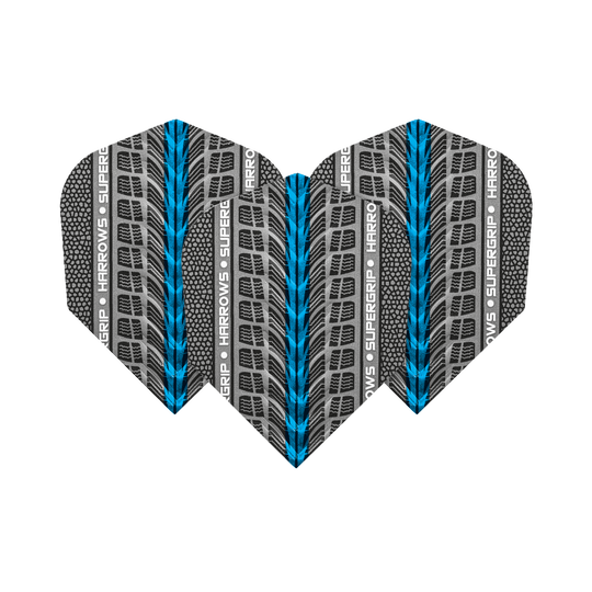HR75_Harrows_Supergrip_Blau_No6_Flights_1JhGJkScJpDoxl Das Bild zeigt drei Harrows Supergrip Blau No6 Flights für Dartpfeile. Das Design ist grau mit blauen und schwarzen Akzenten sowie dem Schriftzug "Harrows Supergrip".