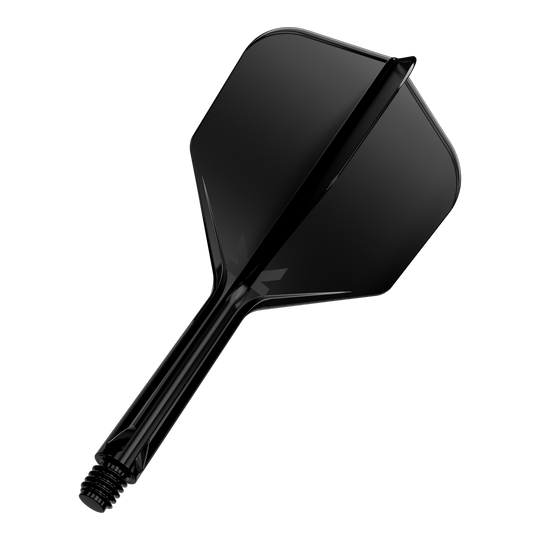 Target K-Flex No6 Flight System - Black Das Bild zeigt einen schwarzen Dartflügel mit Schaft auf schwarzem Hintergrund. Der Schaft ist mit einem Gewinde versehen und die Oberfläche wirkt glänzend.