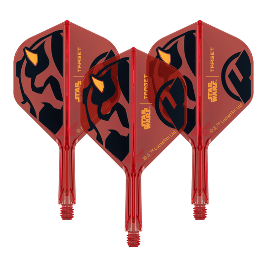 Alette standard Target Star Wars K-Flex Darth Maul No2 Dieses Produkt heißt 410523_Target_StarWars_KFlex_DarthMaul_No2_Standard_Flights_Short_19mm_1Set. Es scheint sich um ein Set von Dart-Flights mit Darth Maul Optik zu handeln.