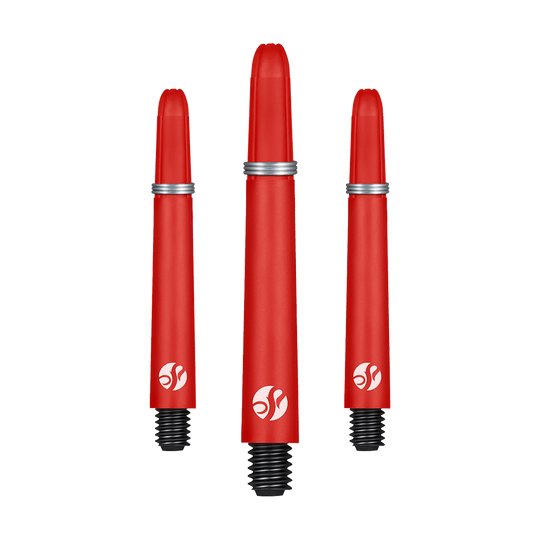 Shot Koi Carbon Shafts - Red Das Bild zeigt drei rote Dartschäfte mit schwarzen Gewinden und silbernen Ringen. Alle drei Schäfte haben ein weißes Logo aufgedruckt.