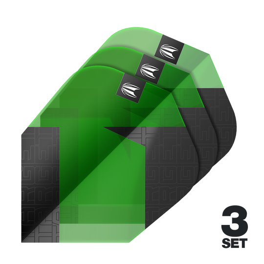Vuelos estándar Target Pro Ultra TAG Green Ten-X - 3 juegos Auf dem Bild sind drei grüne und schwarze Dart-Flights mit einem modernen Muster zu sehen. Unten rechts steht "3 SET", was auf drei Sets hinweist.