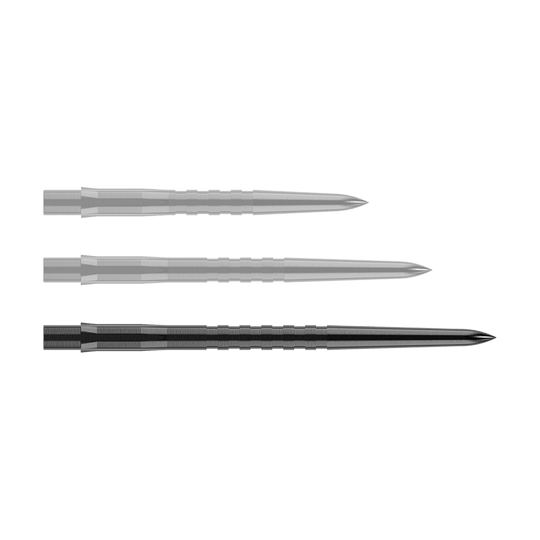 Mission Caliburn EVO Dart Tips - Grooved - Black Auf dem Bild sind drei schwarze, gerillte Stahlspitzen für Steeldarts zu sehen. Sie liegen parallel nebeneinander auf einem neutralen Hintergrund.