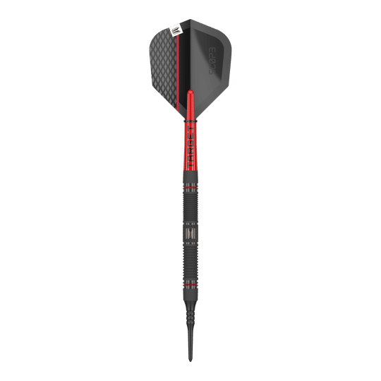 Target Scope 10 Softdarts Das Bild zeigt einen Target Scope 10 Softdart. Der Dartpfeil hat ein schwarzes und rotes Design mit einer strukturierten Spitze und einer schwarzen Flight.