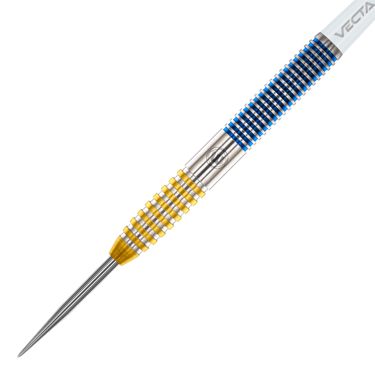 Winmau Daryl Gurney SC 1.0 Series Steeldarts - 23g Das Bild zeigt einen Winmau Daryl Gurney SC 1.0 Series Steeldart mit einem Gewicht von 23 Gramm. Der Dart hat ein auffälliges Design mit gelben und blauen Ringen am Griff.