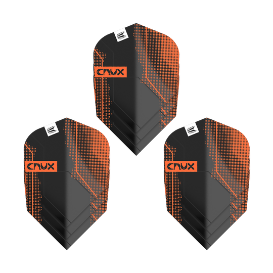 Letky Target Pro Ultra Crux No6 - 3 sady - 3 sady Das Bild zeigt drei Sets von Target Pro Ultra Crux No6 Flights. Die Flights sind schwarz mit orangefarbenen Akzenten und dem Schriftzug "Crux".