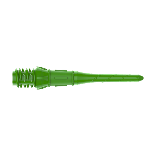 Das Bild zeigt eine grüne Kunststoffspitze für Softdarts. Sie hat ein geriffeltes Gewinde und eine schlanke, längliche Form.