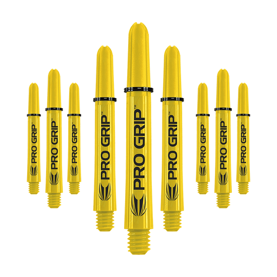 Target Pro Grip Shafts - 3 set - Giallo Das Bild zeigt mehrere gelbe Dartschäfte mit der Aufschrift "PRO GRIP". Die Schäfte sind in einer Reihe angeordnet und haben ein einheitliches Design.