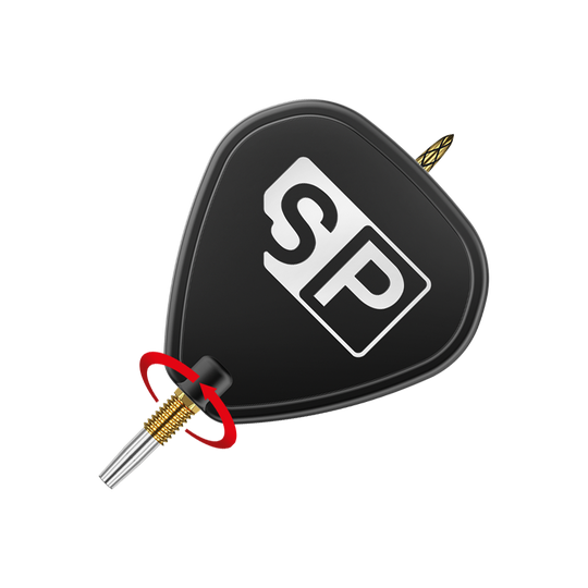 Target Swiss DS Surge Point Dartspitzen - Gold Das Bild zeigt eine schwarze Dartspitze mit der Aufschrift "SP" auf dem Flight. Ein roter Pfeil zeigt eine Drehbewegung an der goldenen Verschraubung der Spitze.