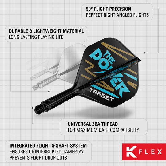 Systém standardní letové hřídele Target K-Flex Phil Taylor No2 Das Bild zeigt das Produkt "Target K-Flex Phil Taylor No2 Standard Flights" für Dartpfeile. Es hebt die langlebigen Materialien, die präzise 90°-Flugwinkel und das integrierte Flight- und Schaftsystem hervor.