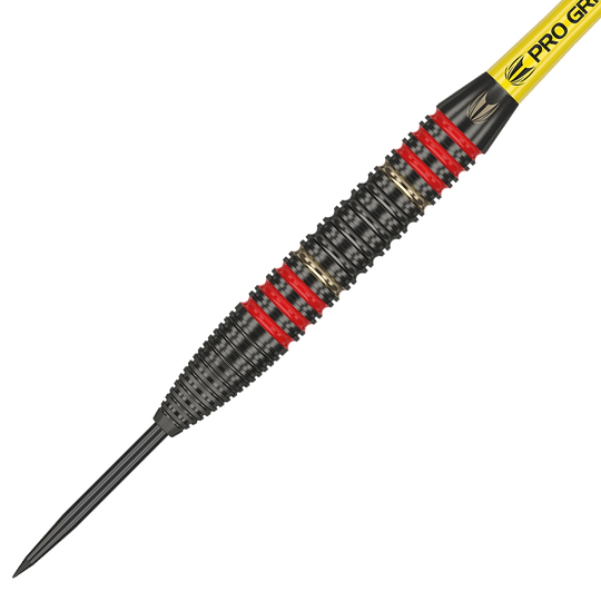170007_Target_Dimitri_Van_Den_Bergh_Brass_Steeldarts_2 Das Bild zeigt einen Target Dimitri Van Den Bergh Brass Steeldart mit einem Gewicht von 22 Gramm. Der Dart hat schwarze und rote Ringe sowie eine strukturierte Griffzone.