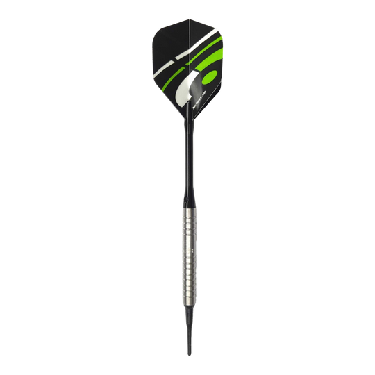 Dardos blandos McDart 85 Tungsten V16 - 16,5 g Das Bild zeigt einen McDart 85er Tungsten V16 Softdart mit einem Gewicht von 16,5g. Der Dart besitzt einen silbernen, gerillten Barrel und schwarze sowie grüne Akzente auf dem Flight.
