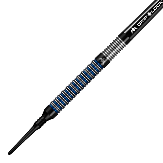 Mission Nightfall Model 1 Softdarts Das Bild zeigt einen Mission Nightfall Model 1 Softdart mit einem schwarzen und blauen Ringdesign am Griff. Der Dart besitzt eine feine Riffelung für besseren Halt und eine schwarze Softspitze.