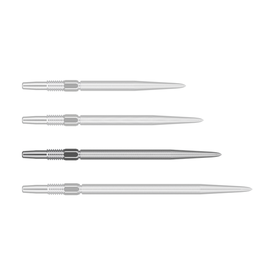 Target Swiss Point Nano Dartspitzen - Silver Auf dem Bild sind vier silberne Dartspitzen in einer Reihe zu sehen. Sie liegen nebeneinander und sind identisch in Form und Größe.