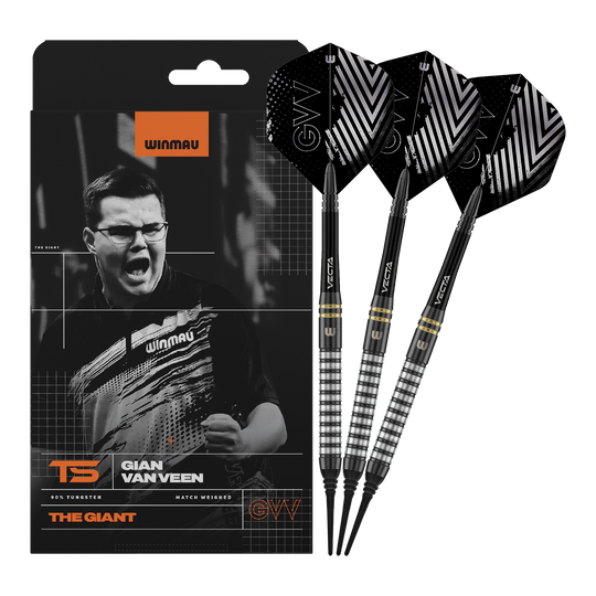Winmau Gian Van Veen TS Softdarts - 18g Winmau Gian Van Veen TS Softdarts mit 18g werden komplett dargestellt. Alle drei Darts sind zusammen zu sehen.