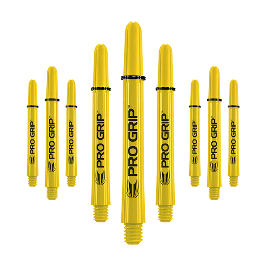 Target Pro Grip Shafts - 3 Sets - Gelb Das Bild zeigt neun gelbe Dartschäfte mit der Aufschrift "PRO GRIP". Sie sind in drei Reihen angeordnet und haben schwarze Ringe zur Befestigung.
