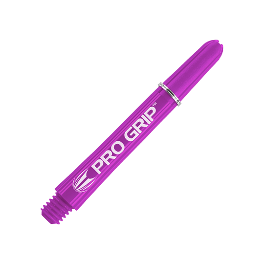 Tiges Target Pro Grip - 3 jeux - Violet Das Bild zeigt einen lilafarbenen Dartshaft mit der Aufschrift "PRO GRIP". Der Shaft ist 41 mm lang und hat ein Schraubgewinde am Ende.