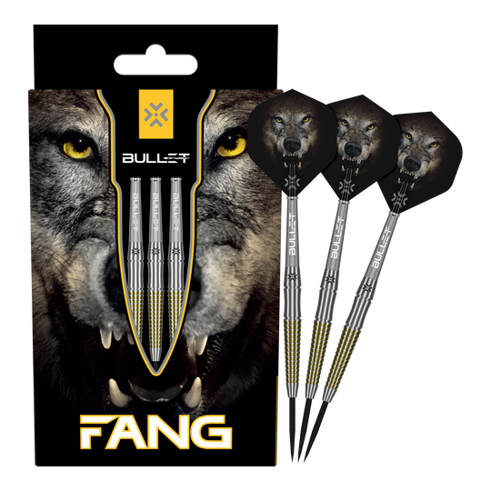 Ocelové šipky Bullet Fang Auf dem Bild sind die Bullet Fang Steeldarts komplett zu sehen. Die Steeldarts sind in voller Länge dargestellt.