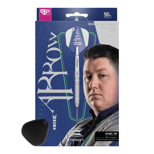 Dardos de acero Target Shane McGuirk GEN1 Swiss Point - 23 g Das Bild zeigt die Verpackung der "Target Shane McGuirk GEN1 Swiss Point Steeldarts - 23g". Auf der Verpackung ist ein Dartpfeil und das Porträt eines Mannes abgebildet.