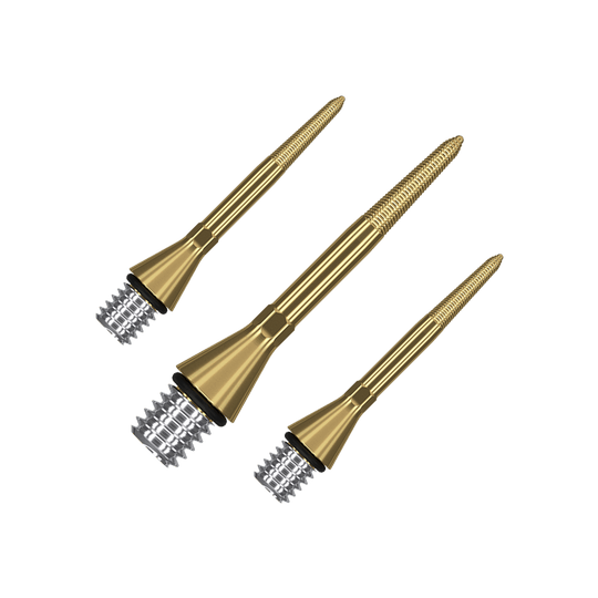 380166_Target_Titanium_Swiss_Point_Nano_Conversion_Points_Gold_26mm_1 Das Bild zeigt drei goldene Target Swiss Point Nano Conversion Points. Diese Dartspitzen sind metallisch glänzend und haben ein schlankes, geriffeltes Design.