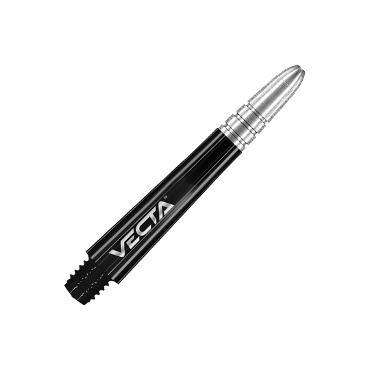 Auf dem Bild ist ein schwarzer und silberner Dartshaft mit der Aufschrift "VECTA" zu sehen. Der Shaft hat ein glänzendes Design und ist aus Metall gefertigt.