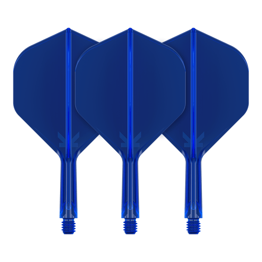 Target K-Flex No2 Standard Flight System - Blu Auf dem Bild sind drei blaue Dart-Flights zu sehen. Sie stehen nebeneinander und haben eine standardmäßige Form.