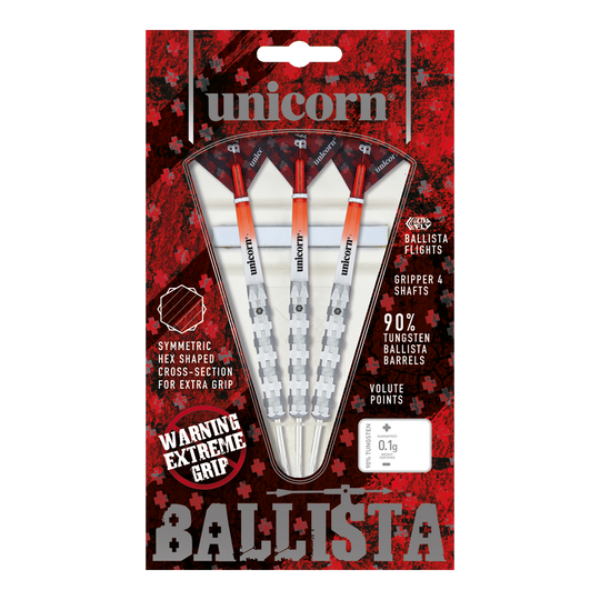 Dardos de acero Unicorn Ballista Style 1 Das Bild zeigt die "Unicorn Ballista Style 1 Steeldarts" in ihrer Verpackung. Die Darts haben einen extremen Grip und bestehen zu 90% aus Tungsten.