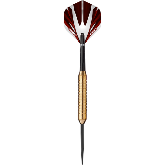 1225-22_Winmau_Broadside_Brass_Steeldarts_15C89jocW5tuTC Dies ist ein Winmau Broadside Brass Steeldart mit einem Gewicht von 22 Gramm. Der Dart hat einen messingfarbenen, geriffelten Griff und eine rot-weiße Flight.