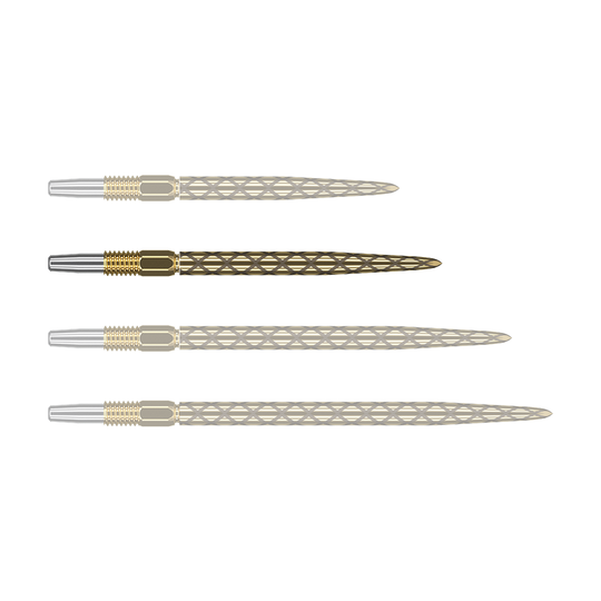Puntas de dardos Target Swiss Diamond Pro Gold Das Bild zeigt vier goldfarbene Dartspitzen mit silberner Spitze, die nebeneinander liegen. Die Oberflächen der Dartspitzen haben ein rautenförmiges Muster.