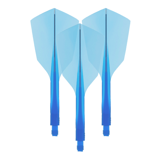 Condor Axe 120 Flight-System Clear Blue - Narrow Das Bild zeigt drei blaue Dart-Flights mit integriertem Schaft. Es handelt sich um das Produkt "Condor Axe 120 Flight-System Clear Blue - Narrow".