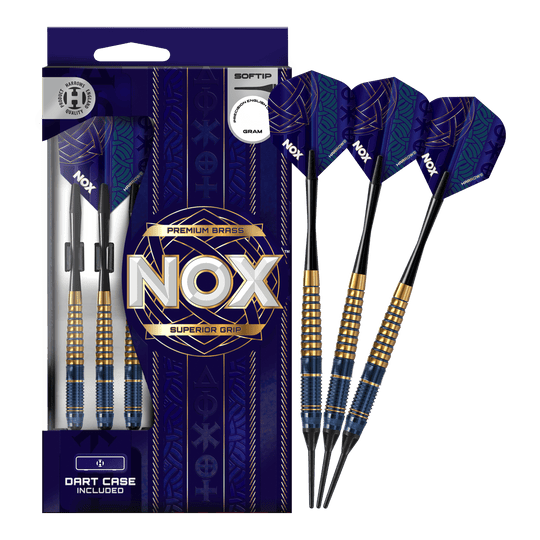 Dardos blandos de latón premium Harrows Nox Das Bild zeigt die Harrows Nox Premium Brass Softdarts. Es handelt sich um hochwertige Dartpfeile für Softdart-Spieler.