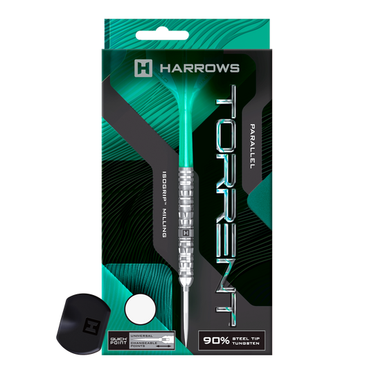 Harrows Torrent Parallel Quick Point Steeldarts Gezeigt wird ein Steeldartpfeil in moderner Ausführung mit parallel verlaufendem Griff. Die Pfeilspitze ist deutlich erkennbar.