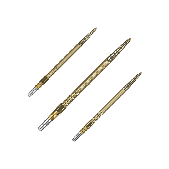 Target Swiss Point DX dart tips - gold Auf dem Bild sind drei goldene Dartspitzen zu sehen. Sie haben ein feines Rillenmuster und silberne Enden.