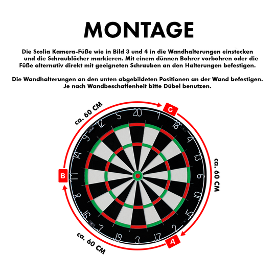 MC_Scolia_Abstandshalter_zur_Wandmontage_5 Das Bild zeigt den "Scolia Abstandshalter zur Wandmontage für Scolia Home 1". In der Mitte ist eine Dartscheibe abgebildet, umgeben von einem rot markierten Abstandshalter mit den Maßen von ca. 60 cm.
