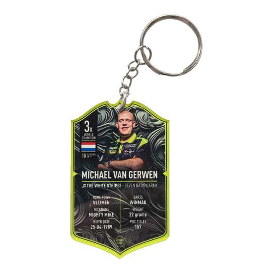 Ultimate Darts Card Schlüsselanhänger - Michael Van Gerwen Ultimate Darts Card Schlüsselanhänger - Michael Van Gerwen ist zu sehen. Der Schlüsselanhänger zeigt ein Motiv des berühmten Dartspielers Michael Van Gerwen.