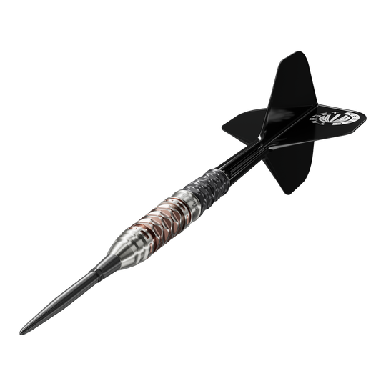 Die Target Japan Charis GEN6 Swiss Point Steeldarts - 23g werden hier abgebildet. Man erkennt das schlanke Barrel und die präzise Verarbeitung.